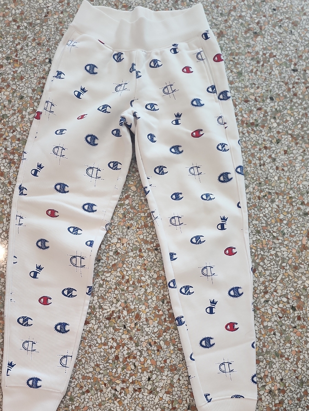 Champion White Track Joggers with Blue & Red Logo Print